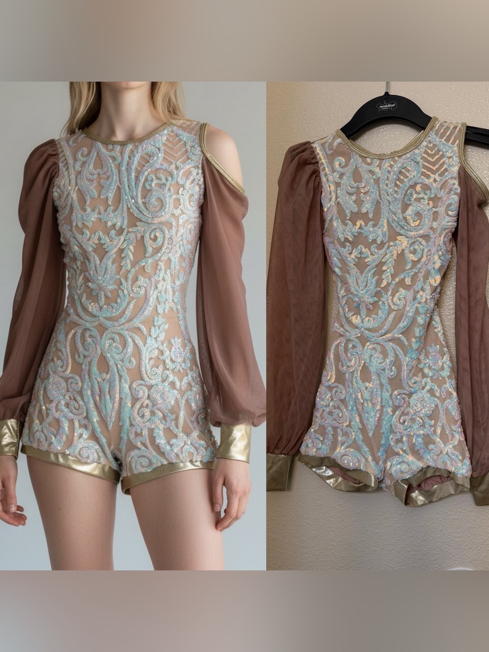 Solo dance costume damask design iridescent sequins nude illusion LC-large child